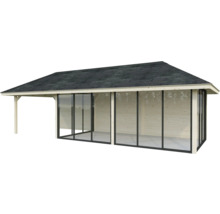 Überdachte Holzterrasse mit Glasschiebetüren und Dach
