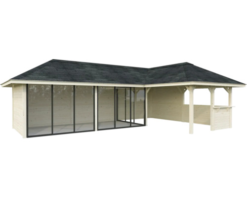 Gartenhaus mit überdachter Veranda und Glasschiebetüren