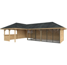 Holzpavillon mit Dach und seitlichen Glasschiebetüren