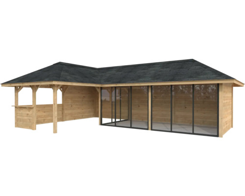 Holzpavillon mit Dach und seitlichen Glasschiebetüren