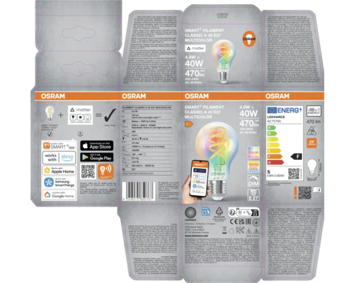 Verpackung einer Osram Smart Filament Classic A 40 E27 Multicolor Lampe mit Matter Logo