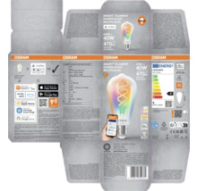 Verpackung einer Osram Smart Filament Edison 40 E27 Multicolor Lampe mit Informationen zu Funktionen, Kompatibilität und technischen Daten