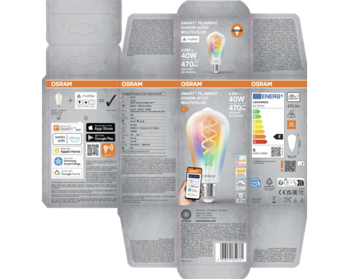 Verpackung einer Osram Smart Filament Edison 40 E27 Multicolor Lampe mit Informationen zu Funktionen, Kompatibilität und technischen Daten