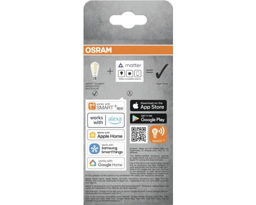 Osram Smart Filament Edison 40 E27 Multicolor Verpackungshinweis zu Matter-kompatiblen Systemen und Smart Home Integration
