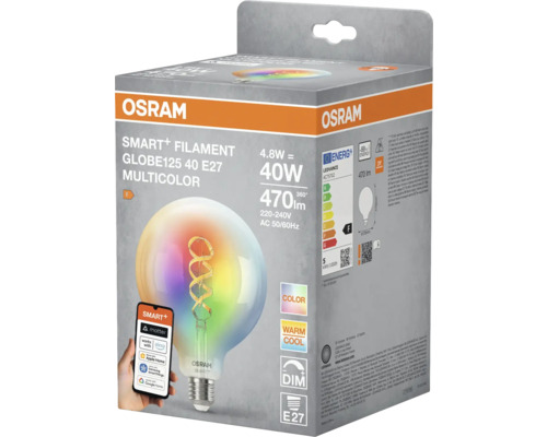 Verpackung einer Osram Smart+ Filament Globe125 40 E27 Multicolor Lampe