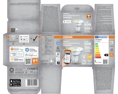 Verpackung einer Osram Smart+ Spot PAR16 50 GU10 dimmbaren LED Lampe