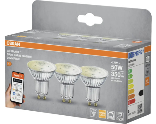 Osram Dreierpack Smart+ Spot PAR16 50 GU10 dimmbar in Verpackung