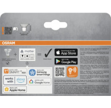 Osram Smart Spot PAR16 50 GU10 dimmable Verpackung mit Hinweisen zur Kompatibilität mit Matter, Smart Home Systemen, Smart App, Samsung SmartThings, Alexa, Google Home und Apple Home