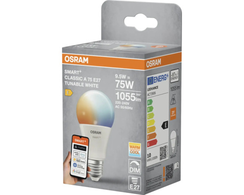 Osram Smart Plus Classic A 75 E27 dimmbare LED Lampe in Produktverpackung