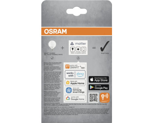 Osram Smart Classic G95 100 E27 Tunable White Produktverpackung mit Matter Kompatibilität und Smart Home Funktion.