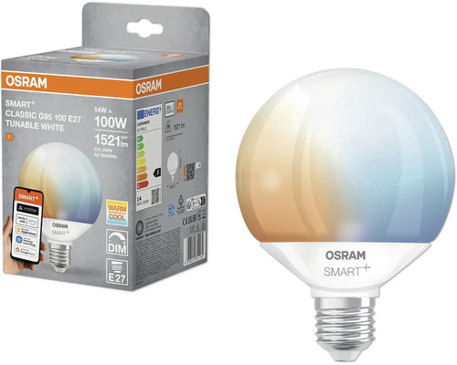 Osram Smart+ Classic G95 100 E27 tunable white LED-Lampe und Verpackung