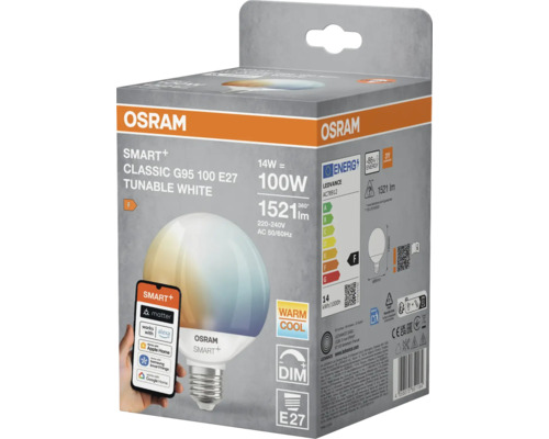 Verpackung einer Osram Smart+ Classic G95 100 E27 Lampe mit einstellbarem Weißton