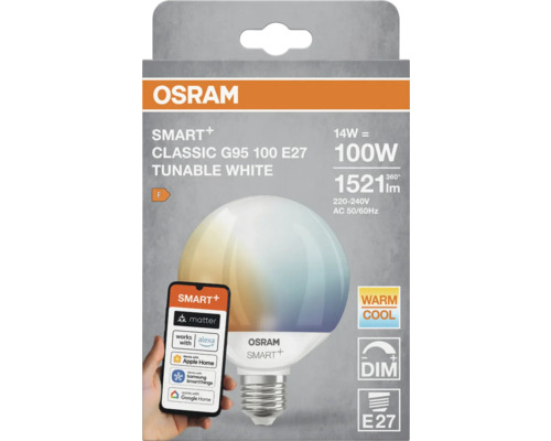 Osram Smart+ Classic G95 100 E27 Lampe mit Tunable White Funktion in Verpackung