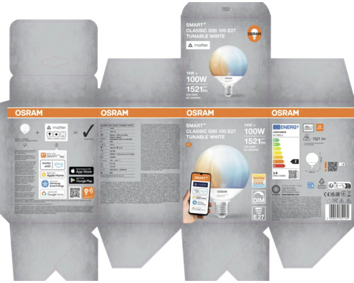 Verpackung einer Osram Smart+ Classic G95 100 E27 Tunable White Lampe