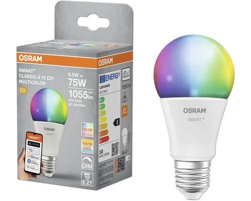 Osram Smart Plus Classic A 75 E27 Multicolor LED-Lampe und Verpackung