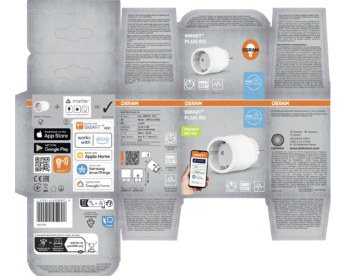 Verpackung einer Osram Smart+ Steckdose für den EU-Raum mit Matter Unterstützung und App-Steuerung.