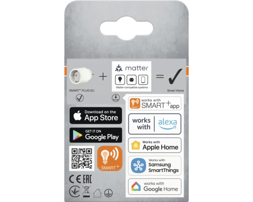 Verpackung einer Smart Home Steckdose, kompatibel mit Matter, Smart Plus App, Alexa, Apple Home, Samsung SmartThings und Google Home