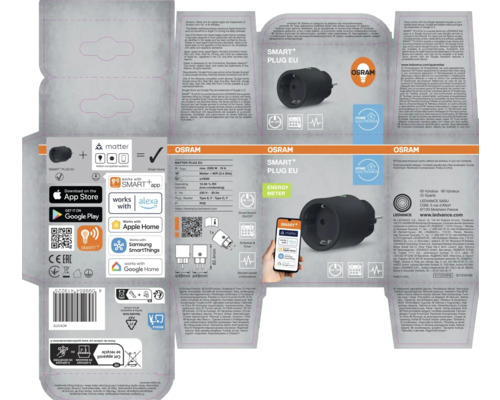 Verpackung eines Osram Smart+ Plug EU Zwischensteckers, der mit Smart Home Systemen kompatibel ist