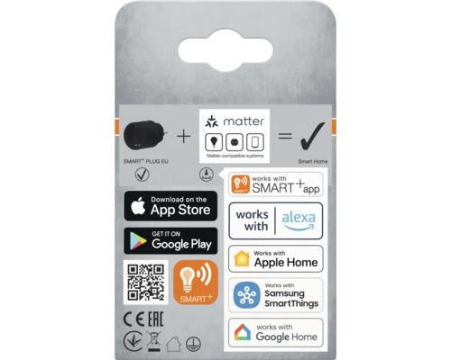 SMART+ Stecker EU Produktverpackung mit Matter Kompatibilität und Smart Home Systemen