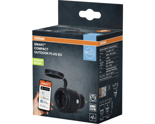 Osram Smart+ Kompakt Outdoor-Stecker EU in Produktverpackung, unterstützt Matter, Alexa, Apple Home, Samsung SmartThings und Google Home