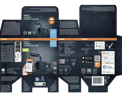 Verpackung eines Osram Smart+ Compact Outdoor-Steckers für den EU-Raum.