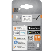 Verpackungsaufdruck der Smart+ Classic B 40 E14 Multicolor Lampe mit Informationen zu Kompatibilität und Funktionen