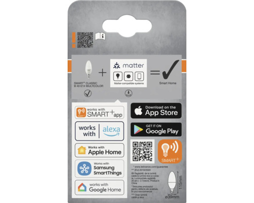 Verpackungsaufdruck der Smart+ Classic B 40 E14 Multicolor Lampe mit Informationen zu Kompatibilität und Funktionen