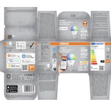 Verpackung einer Osram Smart+ Classic P 40 E14 Multicolor Lampe, kompatibel mit Smart Home Systemen