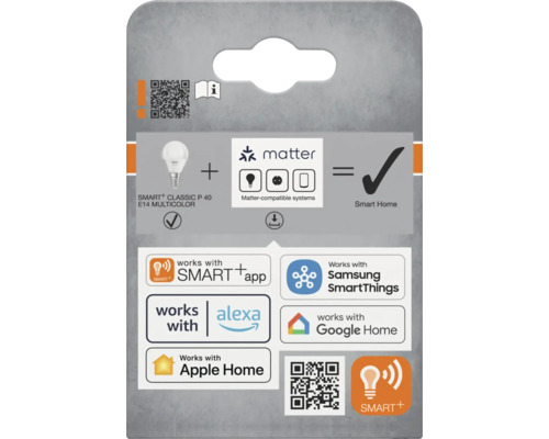 Verpackung einer Smart Classic P 40 E14 Multicolor Lampe, kompatibel mit Matter und Smart Home Systemen