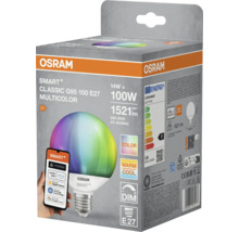 Osram Logo. Verpackung einer Osram Smart+ Classic G95 100 E27 Multicolor Lampe, die mit Alexa, Apple Home, Samsung SmartThings und Google Home kompatibel ist. Energieeffizienzklasse F.