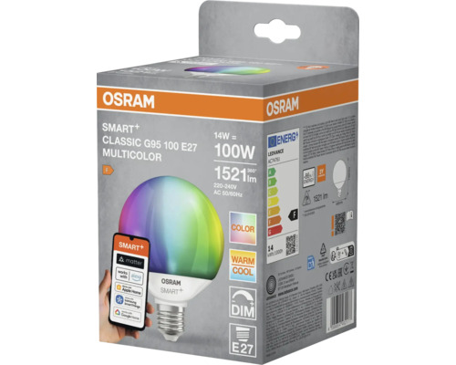 Osram Logo. Verpackung einer Osram Smart+ Classic G95 100 E27 Multicolor Lampe, die mit Alexa, Apple Home, Samsung SmartThings und Google Home kompatibel ist. Energieeffizienzklasse F.