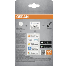 OSRAM SMART Classic G95 100 E27 Multicolor Produktverpackung mit Informationen zu Matter-Kompatibilität, Smart Home Integration und App-Downloads