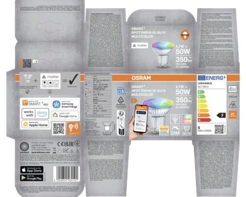 Verpackung einer Osram Smart+ Spot PAR16 50 GU10 Multicolor Lampe mit Matter-Kompatibilität und Smart Home Integration