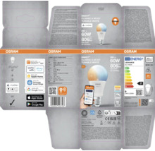 Verpackung einer Osram Smart+ Classic A 60 E27 Tunable White Lampe mit Informationen zu Funktionen, Energieeffizienz und Kompatibilität mit Smart-Home-Systemen.