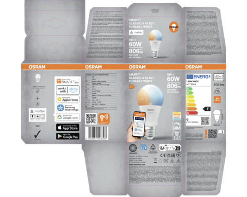 Verpackung einer Osram Smart+ Classic A 60 E27 Tunable White Lampe mit Informationen zu Funktionen, Energieeffizienz und Kompatibilität mit Smart-Home-Systemen.