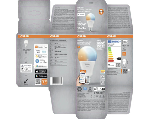 Osram Smart Classic A 100 E27 Lampe, tunable white, Matter Zeichen