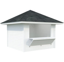 Weißer Holzpavillon mit geöffneter Theke und schwarzem Dach