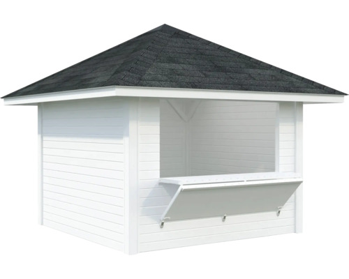 Weißer Holzpavillon mit geöffneter Theke und schwarzem Dach