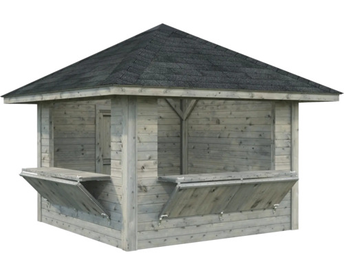 Holzgartenhaus mit ausklappbaren Fensterläden und Bitumendach
