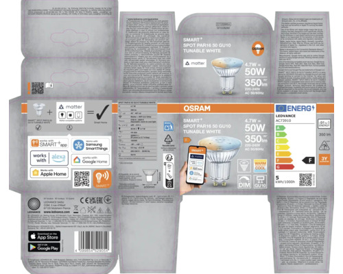 Verpackung der Osram Smart+ Spot PAR16 50 GU10 Tunable White LED Lampe