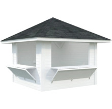 Weißer Pavillon mit schwarzem Dach und offenen Fensterläden