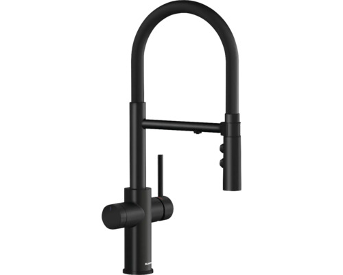 Schwarze Küchenarmatur mit hohem Auslauf für die Montage in der Küche