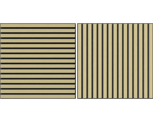 Zwei Holzpaneele mit unterschiedlichen Lattenabständen für Wandverkleidung
