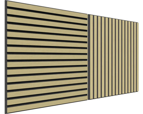 Zwei Paneele mit Holzlamellen für Wand- oder Deckenverkleidung.