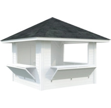 Weißer Holzpavillon mit Dach und Klapptheken