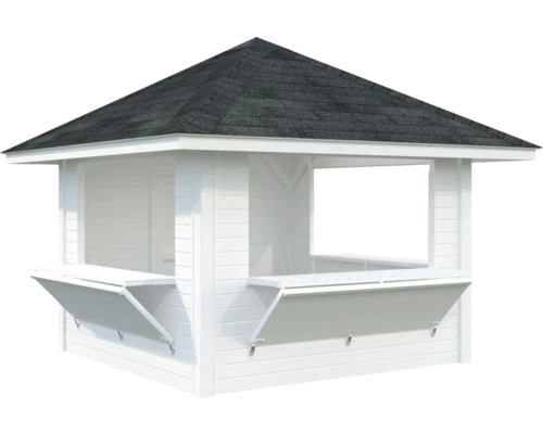 Weißer Holzpavillon mit Dach und Klapptheken