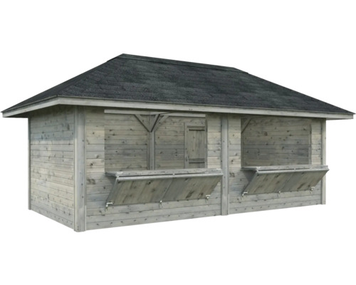 Holzgartenhaus mit Dachpappe und Ausstellfenstern