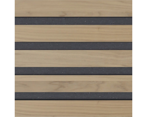 Holzpaneel mit schmalen, dunklen Akustikplatten