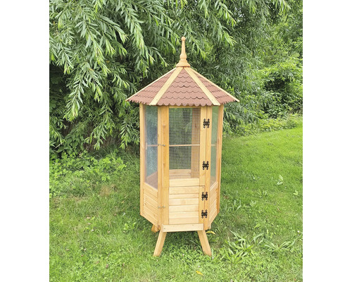 Voliere promadino 6-eckig mit Bitumendach und Stahlwanne 98x98x195 cm Vogelvoliere aus Holz mit Dach im Garten