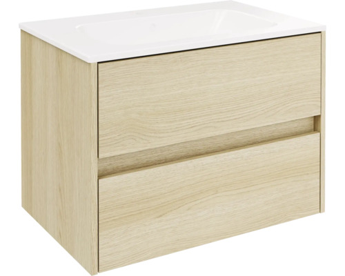 Badmöbelset FACKELMANN Compact Line BxHxT 710 x 515 x 465 mm Frontfarbe lindberg eiche mit Waschtisch Keramik weiß Waschtischunterschrank mit zwei Schubladen und Waschbecken